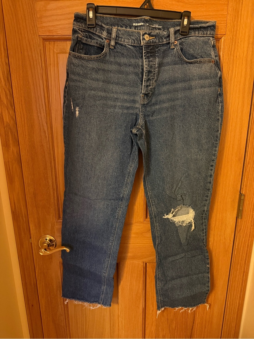 Old Navy Slouchy Straight Dark Blue Distressed Ankle Jeans